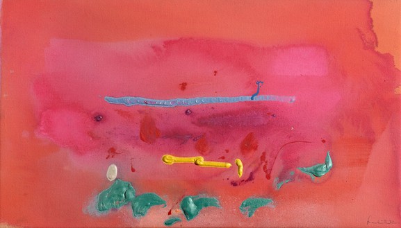 Helen Frankenthaler, Covent Garden Study: Final Maquette for Set, Third Movement, Royal Ballet Number Three, 1984 Acrylic on canvas, 16 ⅛ × 28 ¾ inches (41 × 73 cm), Kettle’s Yard, University of Cambridge© 2018 Helen Frankenthaler Foundation, Inc./Artists Rights Society (ARS), New York