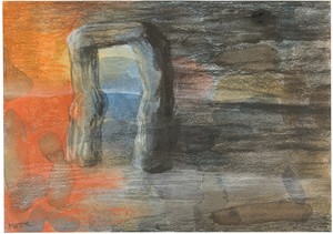 Henry Moore, Monumental Arch in Landscape, c. 1982. Charcoal, watercolor, pastel, and chalk on paper, 7 ⅝ × 10 ⅞ inches (19.3 × 27.4 cm) Reproduced by permission of the Henry Moore Foundation
