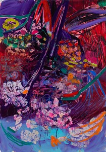 Jadé Fadojutimi Sulking is a virtue, 2024. Acrylic, oil, oil pastel, and oil stick on canvas, 98 ½ × 68 ⅞ inches (250 × 175 cm) © Jadé Fadojutimi. Photo: Mark Blower