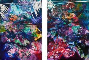 Jadé Fadojutimi And then she unraveled… Her clothes; her red scarf. She became the monsoon, 2025. Acrylic, oil, oil pastel, and oil stick on canvas, in 2 parts, each: 98 ½ × 68 ⅞ inches (250 × 175 cm) © Jadé Fadojutimi. Photo: Kenji Takahashi