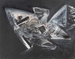 Jay DeFeo, Untitled (Samurai series), 1986. Acrylic, oil pastel, oil, and collage on paper, 32 × 40 ⅛ inches (81.3 × 101.8 cm) © 2020 The Jay DeFeo Foundation/Artists Rights Society (ARS), New York