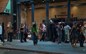Jeff Wall, In front of a nightclub, 2006. Transparency in lightbox, 89 × 142 ⅛ inches (226 × 360.8 cm) © Jeff Wall