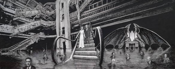 Jim Shaw, Study for Donald and Melania Descending into the Ninth Circle of Hell, 2020 Ink on paper, 19 × 48 inches (48.3 × 121.9 cm)© Jim Shaw. Photo: Brica Wilcox