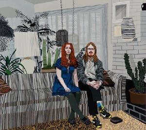 Jonas Wood, Leslie and Michael, 2013. Oil and acrylic on canvas, 80 × 90 inches (203.2 × 228.6 cm) © Jonas Wood