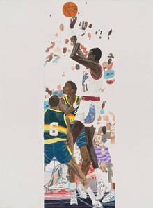 Jonas Wood, Manute Jumper, 2014. Gouache, colored pencil, and collage on paper, 41 ½ × 30 ⅜ inches (105.4 × 77.2 cm) © Jonas Wood
