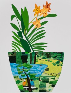 Jonas Wood, Landscape Pot with Yellow Orchid, 2014. Oil and acrylic on canvas, 118 × 90 inches (299.7 × 228.6 cm) © Jonas Wood