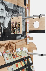 Jordan Wolfson, Untitled, 2020 (detail). Plywood, aluminum, acrylic panels, steel chain, ratchet straps, resin-coated UV prints, adhesive media, steel hardware, cotton rag, and tape, 84 ¼ × 72 ⅞ × 30 ⅝ inches (214 × 185.1 × 77.8 cm) © Jordan Wolfson