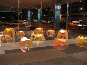 Jorge Pardo, Untitled, 2003. Birch plywood, blown glass, electric lights and wiring, and ink, enamel, and varnish on vellum, dimensions variable Installation view, Lever House, New York © Jorge Pardo