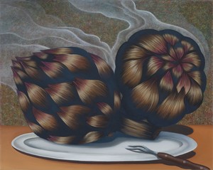 Julie Curtiss Artichauts chauds, 2025. Acrylic and oil on canvas, 15 ¾ × 19 ¾ inches (40 × 50 cm) © Julie Curtiss. Photo: Thomas Lannes