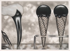 Julie Curtiss Bin Chicken, 2025. Airbrushed acrylic and gouache on paper, 9 × 12 ¼ inches (22.9 × 31.1 cm) © Julie Curtiss. Photo: Maris Hutchinson