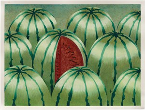 Julie Curtiss Watermelon Stall, 2022. Gouache and acrylic on paper, 12 ⅛ × 16 inches (30.8 × 40.6 cm) © Julie Curtiss. Photo: Charles Benton