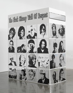 Lauren Halsey, black history wall of respect (II), 2021. Vinyl, acrylic, and mirror on wood, 19 ⅞ × 96 ⅛ × 48 inches (50.5 × 244.2 × 122.2 cm) © Lauren Halsey. Photo: Rob McKeever