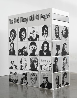 Lauren Halsey, black history wall of respect (II), 2021 Vinyl, acrylic, and mirror on wood, 19 ⅞ × 96 ⅛ × 48 inches (50.5 × 244.2 × 122.2 cm)© Lauren Halsey. Photo: Rob McKeever