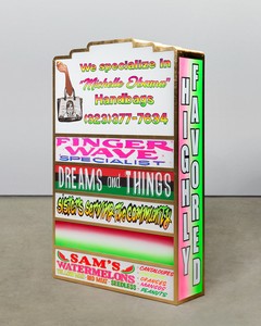 Lauren Halsey LODA PLAZA II, 2025. Gold leaf on steel and hand-painted board, 72 × 46 × 14 inches (182.9 × 116.8 × 35.6 cm) © Lauren Halsey. Photo: Allen Chen