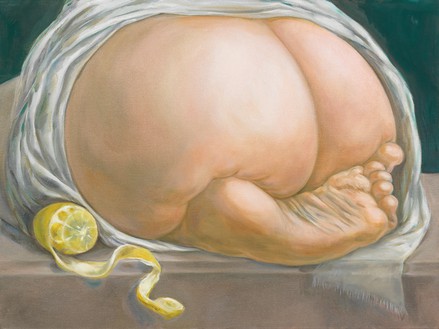 Louise Bonnet, Lemon and Foot, 2023 Oil on linen, 30 × 40 inches (76.2 × 101.6 cm)© Louise Bonnet. Photo: Rob McKeever