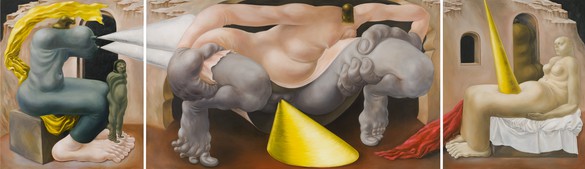 Louise Bonnet, Pisser Triptych, 2022 Oil on linen, in 3 parts, overall: 84 × 284 inches (213.4 × 721.4 cm), Moderna Museet, Stockholm© Louise Bonnet. Photo: Jeff McLane