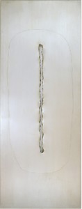 Lucio Fontana, Concealtto Spazie, 1965. Graphite on aluminum, 95 ¾ × 38 × 3 ¼ inches (243 × 96.5 × 8 cm)