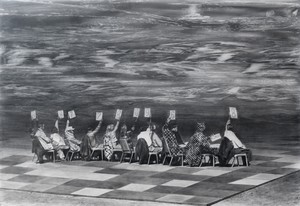 Mark Tansey, Judging, 1997. Graphite on paper, 40 ¼ × 59 ¾ inches (102.2 × 151.8 cm) © Mark Tansey
