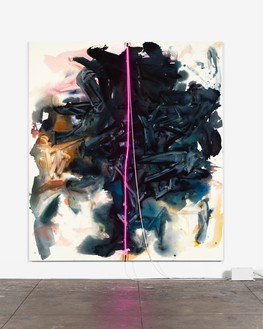 Mary Weatherford, past Sunset, 2015 Flashe and neon on linen, 112 × 99 inches (284.5 × 251.5 cm). Private Collection© Mary Weatherford Studio. Photo: Fredrik Nilsen Studio