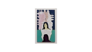 Mary Weatherford, Double Margaret, 1996. Seashells, acrylic oil, silkscreen, and Xerox transfer on canvas, 36 × 20 inches (91.4 × 50.8 cm) © Mary Weatherford Studio. Photo: Fredrik Nilsen Studio