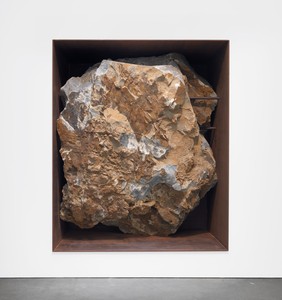 Michael Heizer, Asteroid, c. 2000. 12-ton ore rock in weathered steel frame, 104 × 87 × 52 inches (264.2 × 221 × 132.1 cm) © Michael Heizer