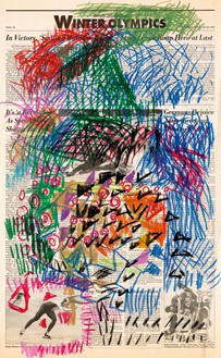 Nam June Paik, Untitled [Newspaper Drawing], c. 1990 Oil stick on printed newsprint, 22 ⅝ × 15 ⅛ inches (57.5 × 38.4 cm), Smithsonian American Art Museum, Washington, DC© Nam June Paik Estate