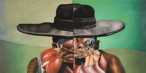 Nathaniel Mary Quinn, The Lesson of Cut-Rate Liquor, 2021 Oil paint, paint stick, oil pastel, soft pastel, gouache, and charcoal on linen over wood panel, in 2 parts, overall: 36 × 72 inches (91.4 × 182.9 cm)© Nathaniel Mary Quinn. Photo: Rob McKeever