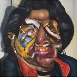 Nathaniel Mary Quinn, Mama, Joe, and James Brown, 2023. Oil paint, oil pastel, soft pastel, and gouache on linen canvas over wood panel, 36 × 36 inches (91.4 × 91.4 cm) © Nathaniel Mary Quinn. Photo: Rob McKeever