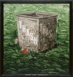 Neil Jenney, Trash and Trashcan, 1970. Acrylic on canvas, in artist’s frame, 58 ½ × 55 ⅝ inches (148.6 × 141.3 cm), Museum of Modern Art, New York © Neil Jenney