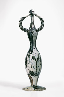 Pablo Picasso, Tanagra noire et bleue, 1953 White terracotta, modeled, (elements applied), painted with white, blue, black, and maroon oxides and black slips, and partial underglaze on the base, 26 ¼ × 8 ¼ × 8 inches (66.5 × 20 × 21 cm)© 2018 Estate of Pablo Picasso/Artist Rights Society (ARS), New York