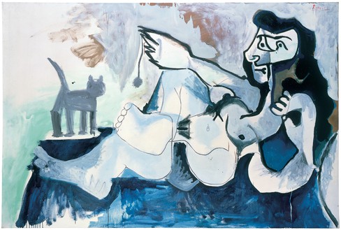 Pablo Picasso, Femme nue couchée, jouant avec un chat, February 17 and March 9, 1964 Oil on canvas, 51 ¼ × 76 ¾ inches (130 × 195 cm)© 2018 Estate of Pablo Picasso/Artist Rights Society (ARS), New York