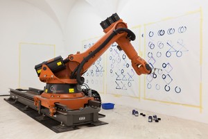 Piero Golia, The Painter, 2016. Motion control robot, canvas, acrylic paint, tape, and plastic bins, overall dimensions variable © Piero Golia. Photo: Daniele Molajoli