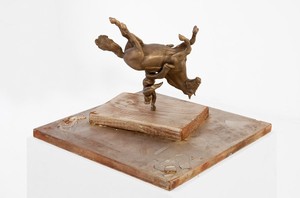 Piero Golia, Upside down equestrian figure as public sculpture, 2013. Bronze and copper, 13 × 13 × 8 inches (33 × 33 × 20.3 cm)