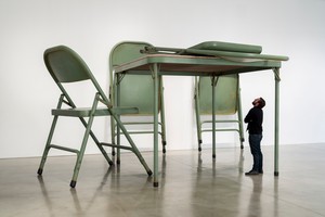 Robert Therrien, No title (folding table and chairs, green), 2008. Paint, metal, and fabric, overall dimensions variable © Robert Therrien/Artists Rights Society (ARS), New York