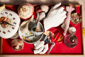Roe Ethridge, Story of my life up to now or Red Tray with Mushroom Clock, 2022. Dye sublimation print on Dibond, 48 × 72 inches (121.9 × 182.9 cm), edition of 5 + 2 AP © Roe Ethridge