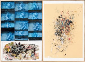 Rudolf Polanszky, Coma (White), 1983. Left panel: oil paint, photographs, clothing, brushes, sponges, and iron wire on wood, in artist’s frame; right panel: acrylic and pencil on paper, in artist’s frame; overall: 87 ½ × 120 inches (222.3 × 304.8 cm) © Rudolf Polanszky
