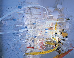 Sarah Sze, Hidden Relief, 2001. Mixed media, 168 × 60 × 12 inches (426.7 × 152.4 × 30.5 cm) Installation view, Asia Society, New York, 2001–04 © Sarah Sze