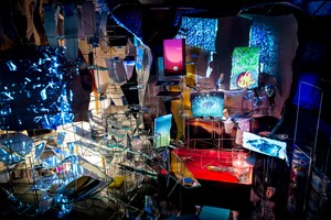 Sarah Sze, Timekeeper, 2016 (detail). Mixed media, including mirrors, wood, stainless steel, archival pigment prints, video projectors, lamps, desks, stools, and stone, overall dimensions variable Installation view, Rose Art Museum, Brandeis University, Waltham, Massachusetts, 2016 © Sarah Sze
