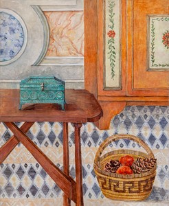 Setsuko, Nature morte aux pommes de pins (Atelier à la Villa Medicis), c. 1970–79. Gouache on wood, 43 ½ × 35 ½ inches (110.5 × 90 cm) © Setsuko