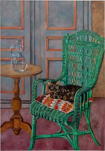 Setsuko, Chat assis sur fauteuil en osier vert, 1996–97. Gouache on canvas, 45 ½ × 31 ½ inches (115.5 × 80 cm) © Setsuko