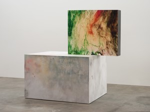 Sterling Ruby, ACTS/KKDETHZ, 2009. Clear urethane block, dye, wood, spray paint, and formica, in 2 parts, overall: 60 ½ × 62 ½ × 34 inches (153.7 × 158.8 × 86.4 cm) © Sterling Ruby