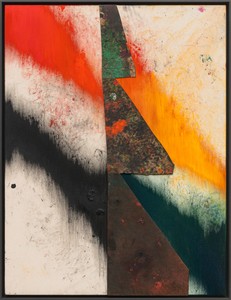 Sterling Ruby, TURBINE. ICARUS JET., 2023. Acrylic, oil, and cardboard on canvas, 57 × 43 ½ inches (144.8 × 110.5 cm) © Sterling Ruby