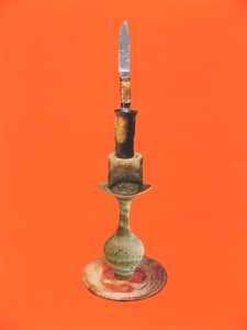 Sterling Ruby, Balanced Stack of Pottery and Knife, 2005. Collage on paper, 28 × 22 ½ inches (71.1 × 57.2 cm) © Sterling Ruby