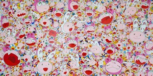 Takashi Murakami, Lots, Lots of Kaikai and Kiki, 2009. Acrylic and platinum leaf on canvas mounted on aluminum frame, in 5 parts, overall: 118 × 239 ½ inches (299.7 × 608.3 cm) © Takashi Murakami/Kaikai Kiki Co., Ltd. All rights reserved