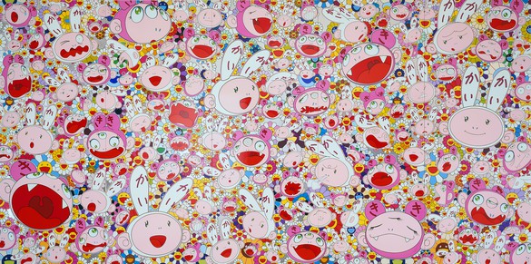 Takashi Murakami, Lots, Lots of Kaikai and Kiki, 2009 Acrylic and platinum leaf on canvas mounted on aluminum frame, in 5 parts, overall: 118 × 239 ½ inches (299.7 × 608.3 cm)© Takashi Murakami/Kaikai Kiki Co., Ltd. All rights reserved