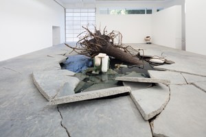 Tatiana Trouvé, The Shaman, 2018. Patinated bronze, marble, granite, concrete, steel, sand, and water, overall dimensions variable Installation view, Tatiana Trouvé: On the Eve of Never Leaving, Gagosian, Beverly Hills, November 1, 2019–January 11, 2020 © Tatiana Trouvé. Photo: Fredrik Nilsen Studio