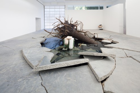 Tatiana Trouvé, The Shaman, 2018 Patinated bronze, marble, granite, concrete, steel, sand, and water, overall dimensions variableInstallation view, Tatiana Trouvé: On the Eve of Never Leaving, Gagosian, Beverly Hills, November 1, 2019–January 11, 2020© Tatiana Trouvé. Photo: Fredrik Nilsen Studio