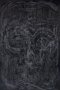 Thomas Houseago, Untitled (Black Painting 4), 2015–16. Charcoal, chalk, and oil on canvas mounted on board, 108 × 72 inches (274.3 × 182.9 cm) © Thomas Houseago
