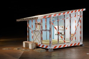 Tom Sachs, Tea House, 2011. ConEd barrier, plywood, extruded polystyrene, corrugated steel, and mixed media, 10 feet 2 ½ inches × 11 feet × 16 feet 10 ¾ inches (3.1 × 3.4 × 5.2 m) © Tom Sachs. Photo: Genevieve Hanson