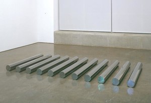 Walter De Maria, Large Rod Series: Circle/Rectangle 11, 1986. Eleven 11-sided stainless steel rods, Each rod: 5 1/16 inches diameter (12.9 cm), 52 inches long (132.1 cm)